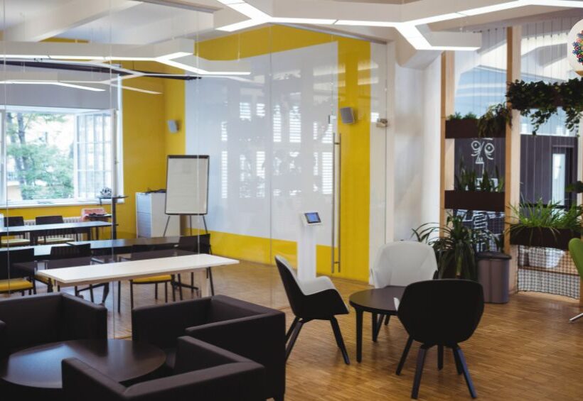 Flexible office space in Nehru Place with modern coworking workstations, meeting area, and collaborative seating